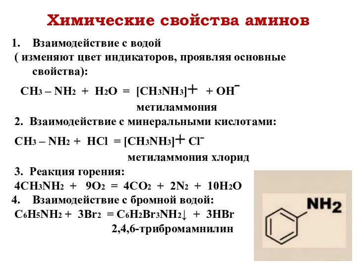 Химические свойства аминов Взаимодействие с водой ( изменяют цвет индикаторов,