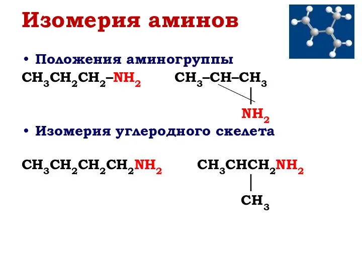 Изомерия аминов Положения аминогруппы CH3CH2CH2–NH2 CH3–CH–CH3 │ NH2 Изомерия углеродного скелета CH3CH2CH2CH2NH2 CH3CHCH2NH2 │ CH3