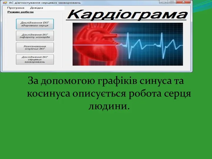 За допомогою графіків синуса та косинуса описується робота серця людини.