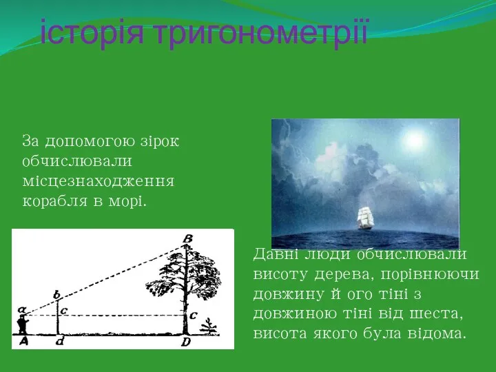 історія тригонометрії За допомогою зірок обчислювали місцезнаходження корабля в морі.