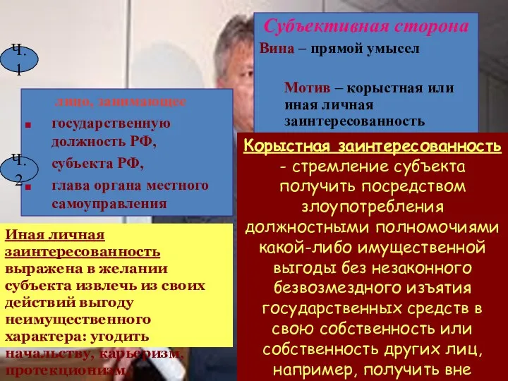 Субъект специальный должностное лицо Кириенко Н.Г. Субъективная сторона Вина –