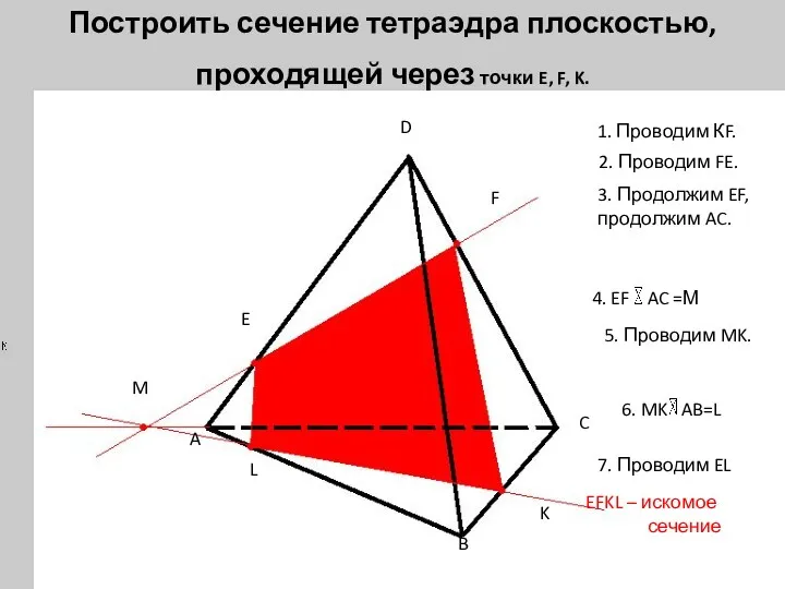 Построить сечение тетраэдра плоскостью, проходящей через точки E, F, K.