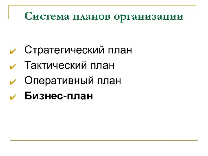 Система планов организации Стратегический план Тактический план Оперативный план Бизнес-план