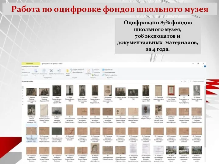 Работа по оцифровке фондов школьного музея Оцифровано 87% фондов школьного