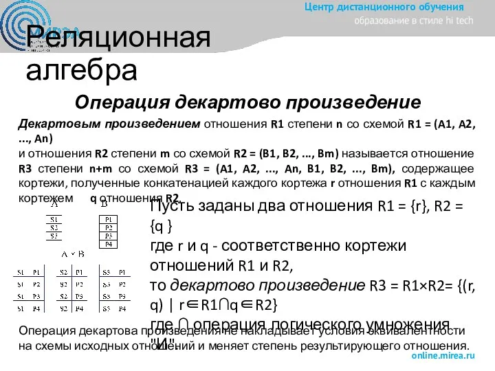 Реляционная алгебра Операция декартово произведение Декартовым произведением отношения R1 степени