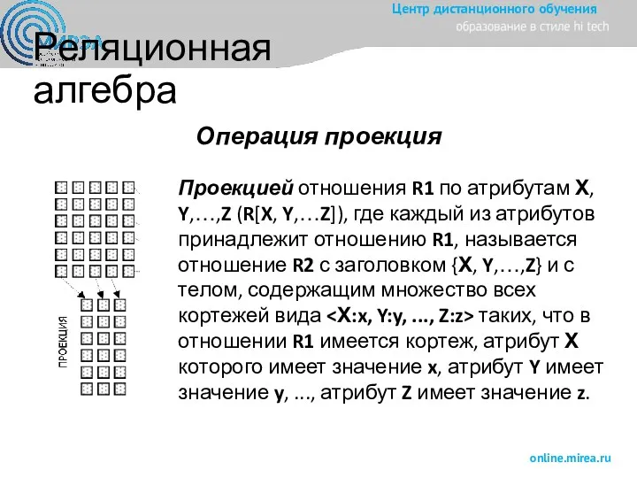 Реляционная алгебра Операция проекция Проекцией отношения R1 по атрибутам Х,