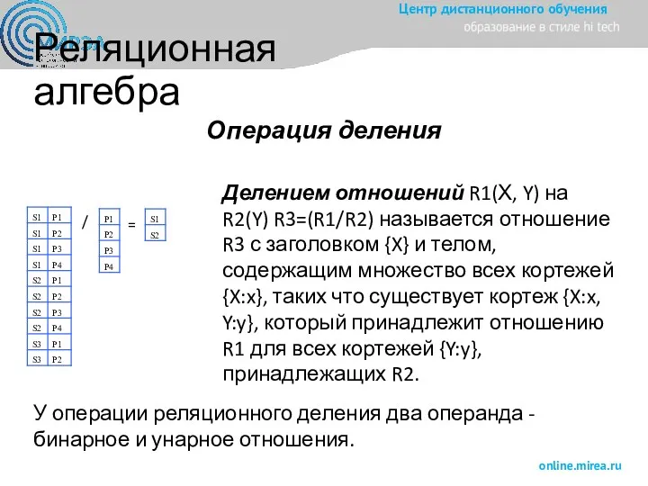 Реляционная алгебра Операция деления Делением отношений R1(Х, Y) на R2(Y)