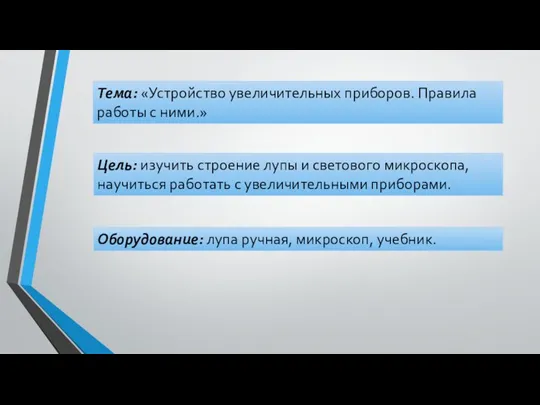 Тема: «Устройство увеличительных приборов. Правила работы с ними.» Цель: изучить