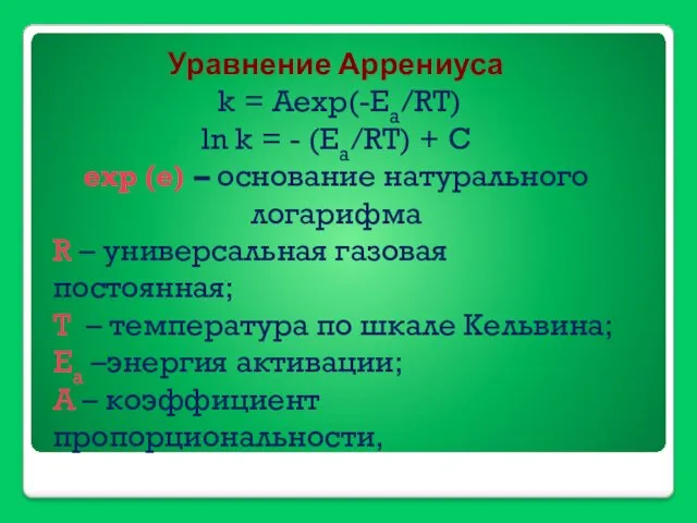 Уравнение Аррениуса k = Aexp(-Ea/RT) ln k = - (Ea/RT)