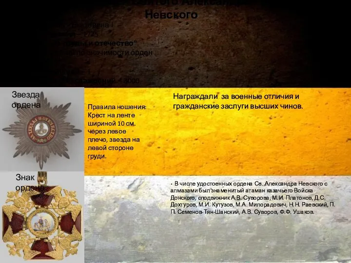 Орден Святого Александра Невского Основатель - Екатерина I Год основания – 1725 Девиз