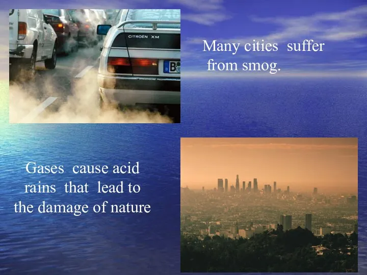 Many cities suffer from smog. Gases cause acid rains that lead to the damage of nature