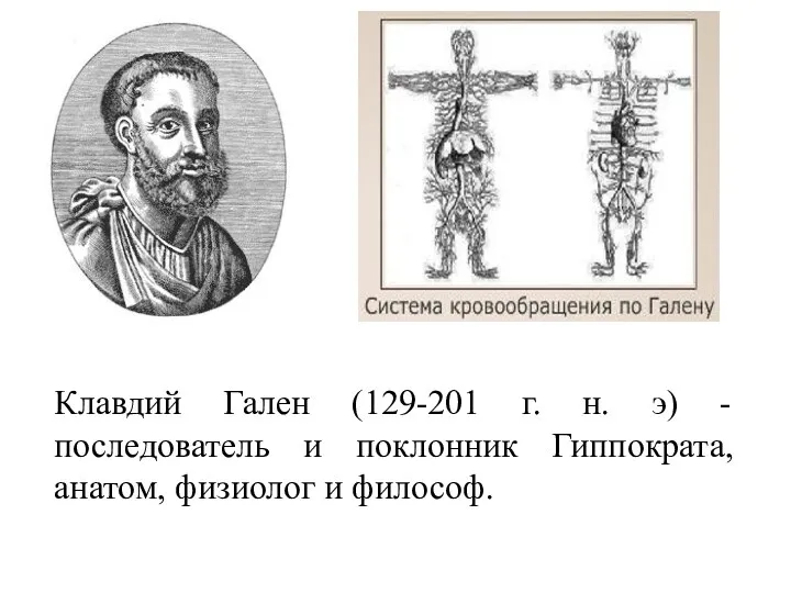 Клавдий Гален (129-201 г. н. э) - последователь и поклонник Гиппократа, анатом, физиолог и философ.