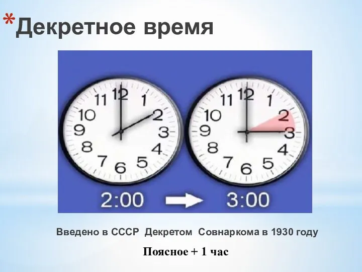 Декретное время Введено в СССР Декретом Совнаркома в 1930 году Поясное + 1 час