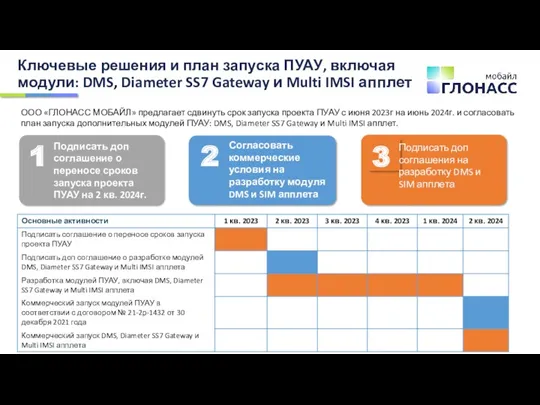 Ключевые решения и план запуска ПУАУ, включая модули: DMS, Diameter