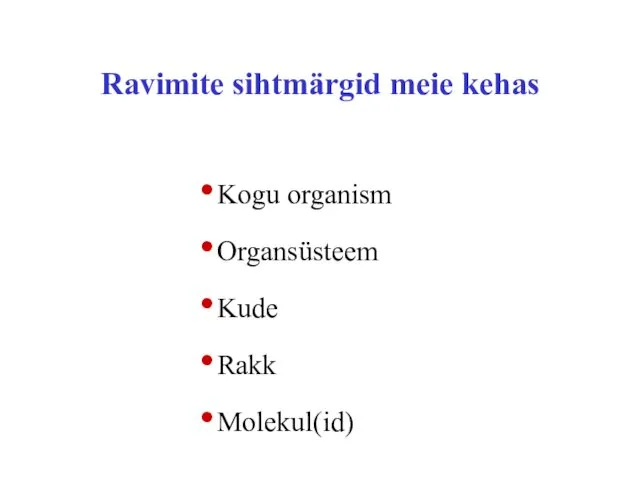 Ravimite sihtmärgid meie kehas Kogu organism Organsüsteem Kude Rakk Molekul(id)