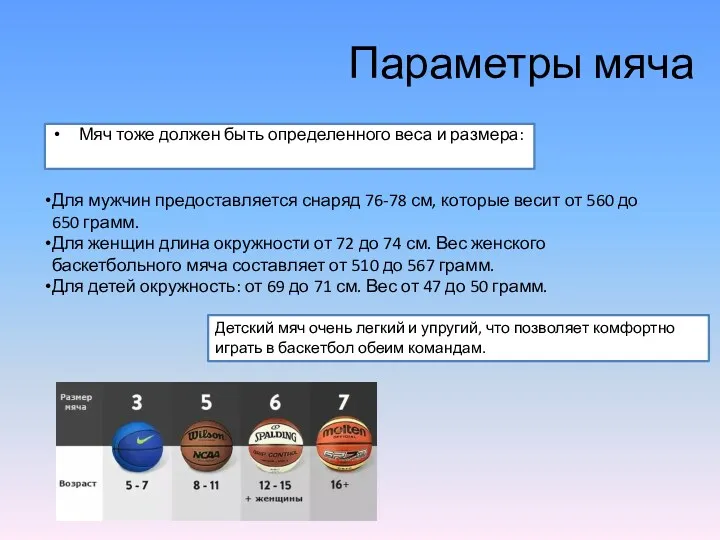 Параметры мяча Мяч тоже должен быть определенного веса и размера: