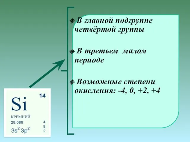 В главной подгруппе четвёртой группы В третьем малом периоде Возможные степени окисления: -4, 0, +2, +4