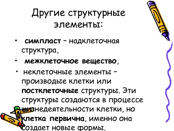 Другие структурные элементы: симпласт – надклеточная структура, межклеточное вещество, неклеточные