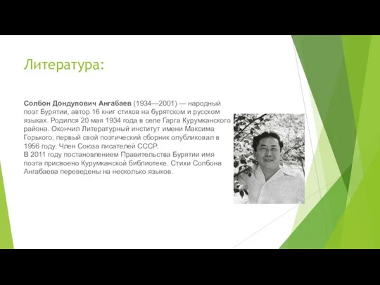 Литература: Солбон Дондупович Ангабаев (1934—2001) — народный поэт Бурятии, автор