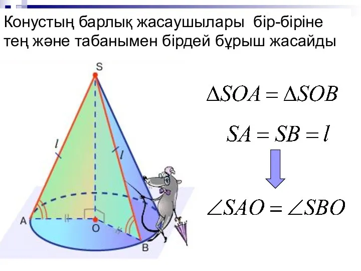 Конустың барлық жасаушылары бір-біріне тең және табанымен бірдей бұрыш жасайды