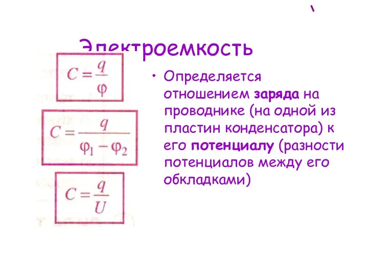 Электроемкость Определяется отношением заряда на проводнике (на одной из пластин