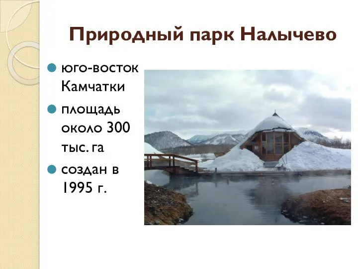 Природный парк Налычево юго-восток Камчатки площадь около 300 тыс. га создан в 1995 г.