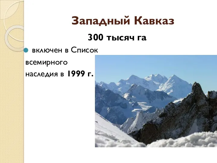 Западный Кавказ 300 тысяч га включен в Список всемирного наследия в 1999 г.