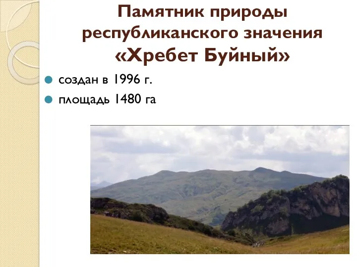 Памятник природы республиканского значения «Хребет Буйный» создан в 1996 г. площадь 1480 га