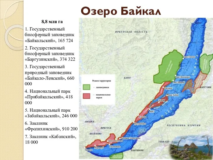 Озеро Байкал 8,8 млн га 1. Государственный биосферный заповедник «Байкальский»,