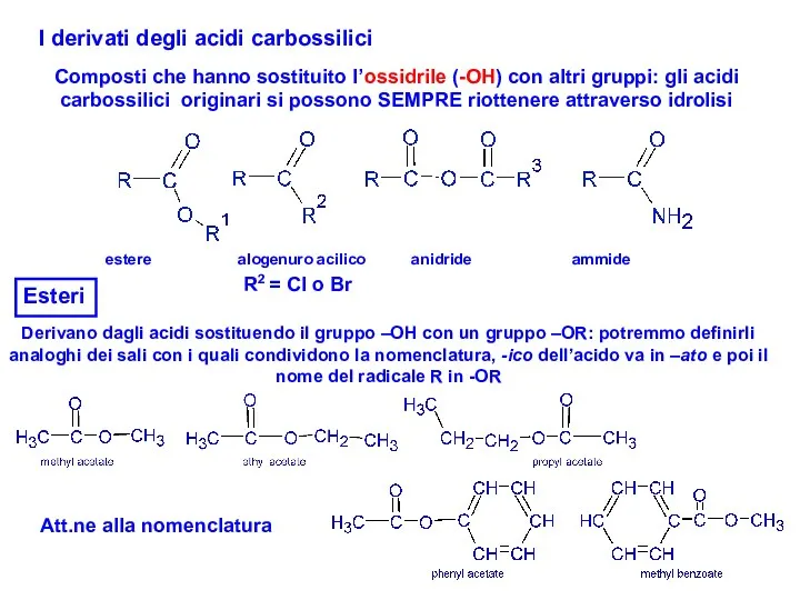I derivati degli acidi carbossilici Composti che hanno sostituito l’ossidrile