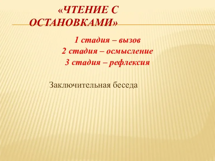 «ЧТЕНИЕ С ОСТАНОВКАМИ» 1 стадия – вызов 2 стадия –