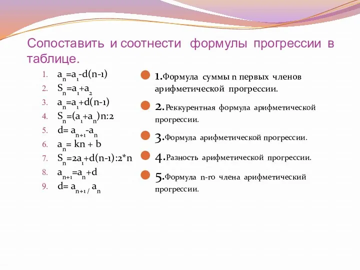 Сопоставить и соотнести формулы прогрессии в таблице. аn=а1-d(n-1) Sn=a1+a2 an=a1+d(n-1)