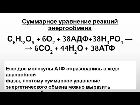 С6Н12О6 + 6О2 + 38АДФ+38Н3РО4 → → 6СО2 + 44Н2О + 38АТФ Суммарное уравнение реакций энергообмена