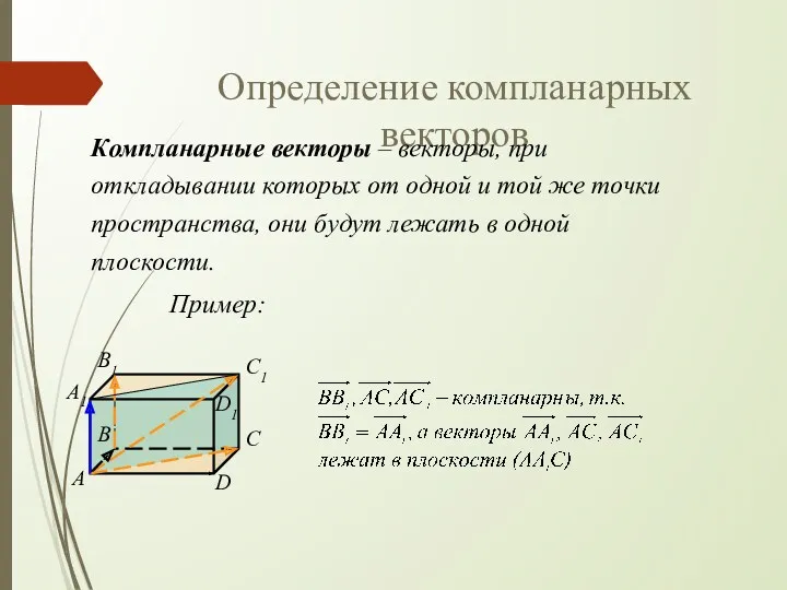 Определение компланарных векторов Компланарные векторы – векторы, при откладывании которых