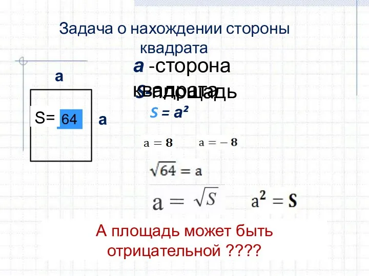 S-площадь 64 а -сторона квадрата S = а² S= А