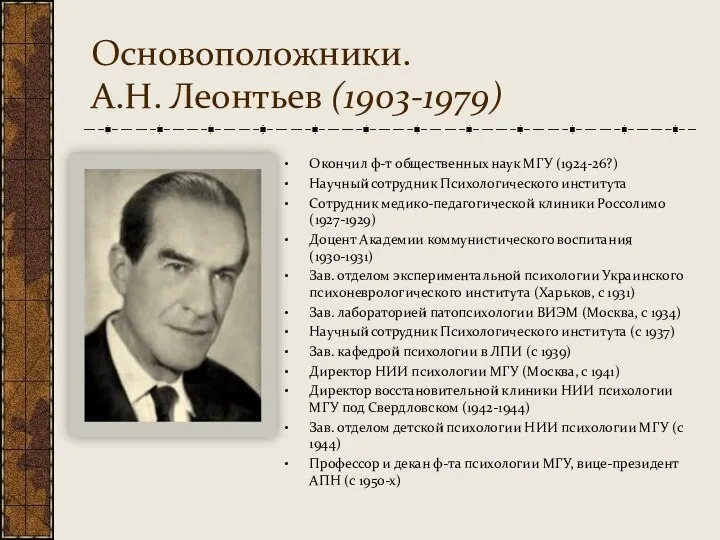 Основоположники. А.Н. Леонтьев (1903-1979) Окончил ф-т общественных наук МГУ (1924-26?)