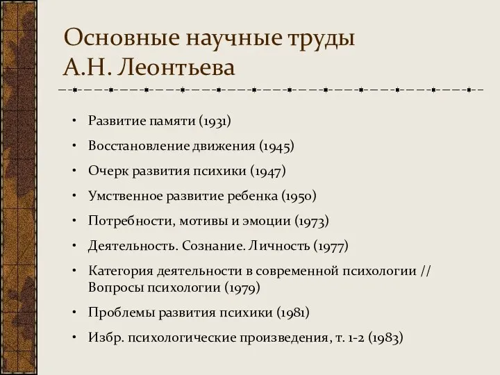 Основные научные труды А.Н. Леонтьева Развитие памяти (1931) Восстановление движения