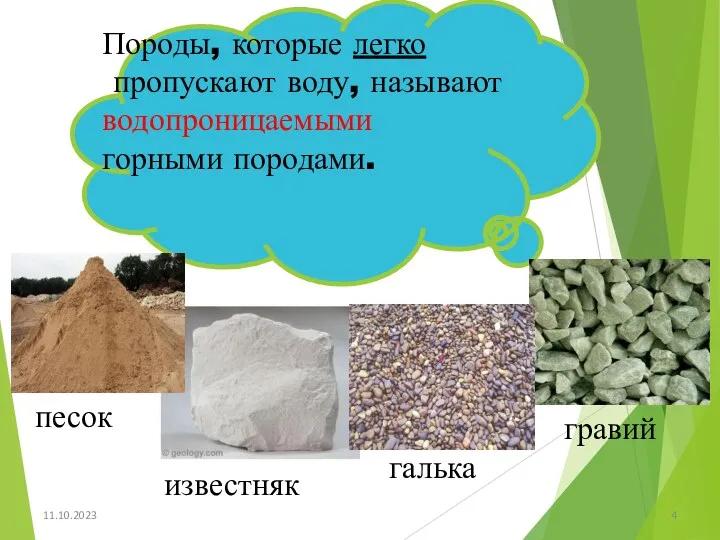 11.10.2023 Породы, которые легко пропускают воду, называют водопроницаемыми горными породами. известняк гравий песок галька