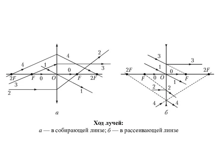 Ход лучей: а — в собирающей линзе; б — в рассеивающей линзе