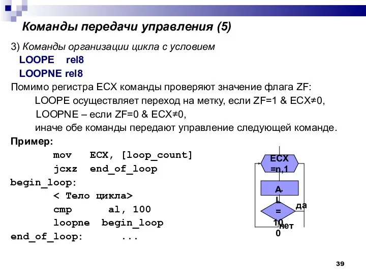 Команды передачи управления (5)‏ 3) Команды организации цикла с условием LООРE rel8 LOOPNE