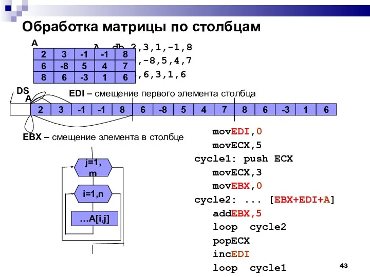 A db 2,3,1,-1,8 db 6,-8,5,4,7 db 8,6,3,1,6 Обработка матрицы по столбцам 2 3