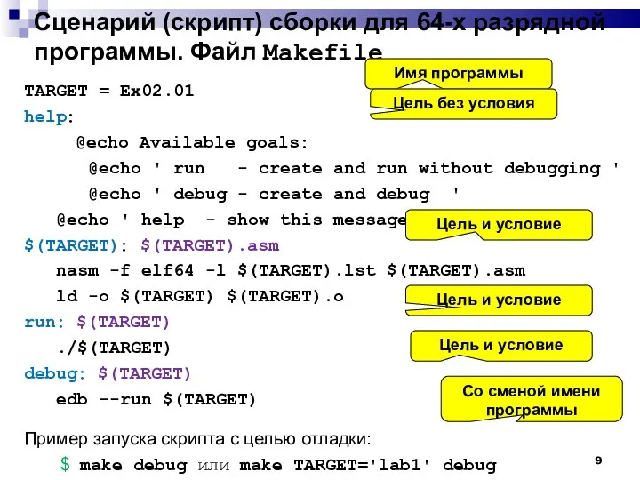 Сценарий (скрипт) сборки для 64-х разрядной программы. Файл Makefile TARGET = Ex02.01 help: