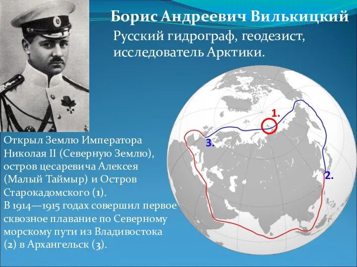 Борис Андреевич Вилькицкий Русский гидрограф, геодезист, исследователь Арктики. Открыл Землю