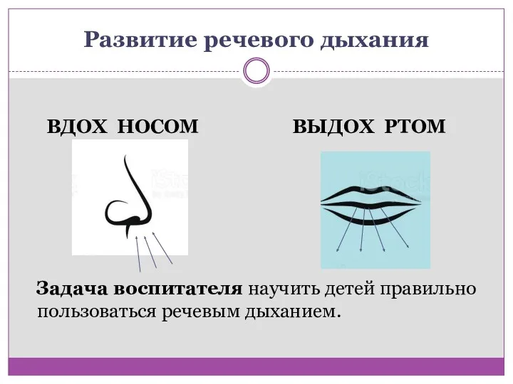 Развитие речевого дыхания ВДОХ НОСОМ ВЫДОХ РТОМ Задача воспитателя научить детей правильно пользоваться речевым дыханием.