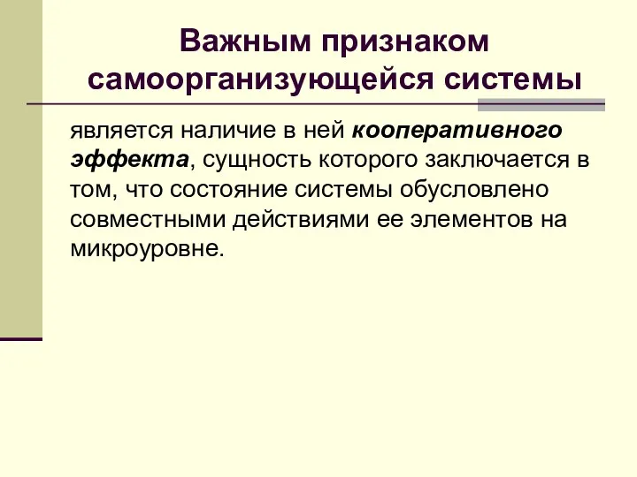 Важным признаком самоорганизующейся системы является наличие в ней кооперативного эффекта,