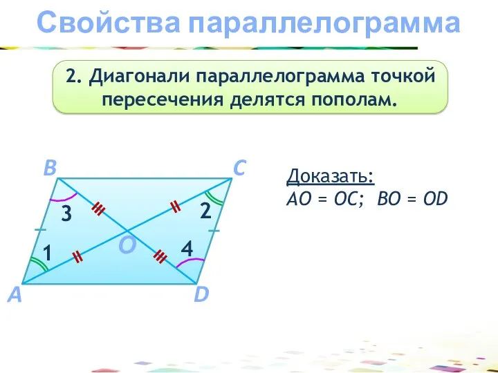 Свойства параллелограмма 2. Диагонали параллелограмма точкой пересечения делятся пополам. A