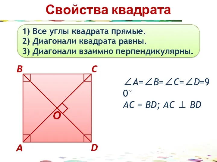 Свойства квадрата 1) Все углы квадрата прямые. 2) Диагонали квадрата