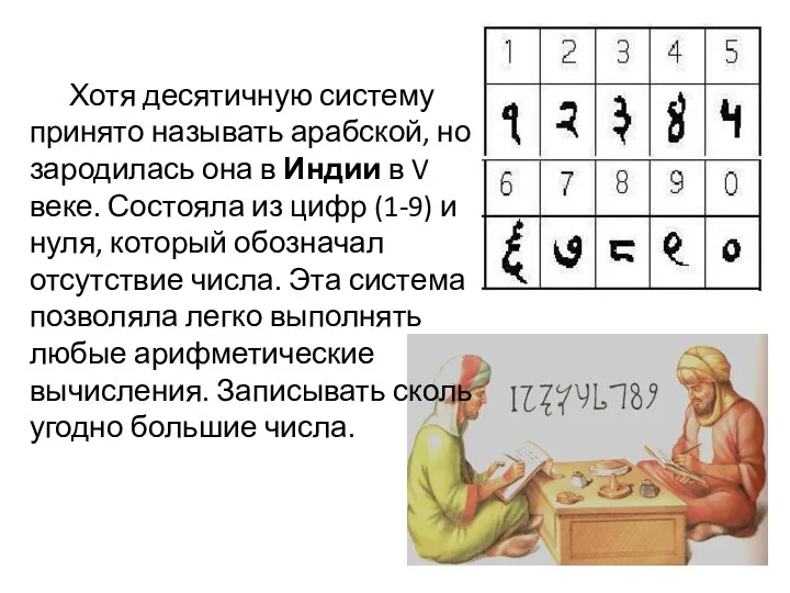 Хотя десятичную систему принято называть арабской, но зародилась она в