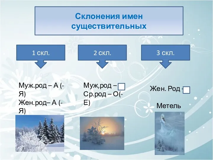 Склонения имен существительных 1 скл. 3 скл. 2 скл. Муж.род