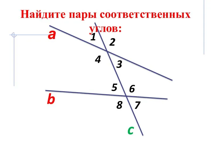 а b c 1 2 8 7 6 5 4 3 Найдите пары соответственных углов: